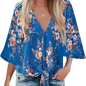 Floral V-Neck Tie-Front Top - Blue